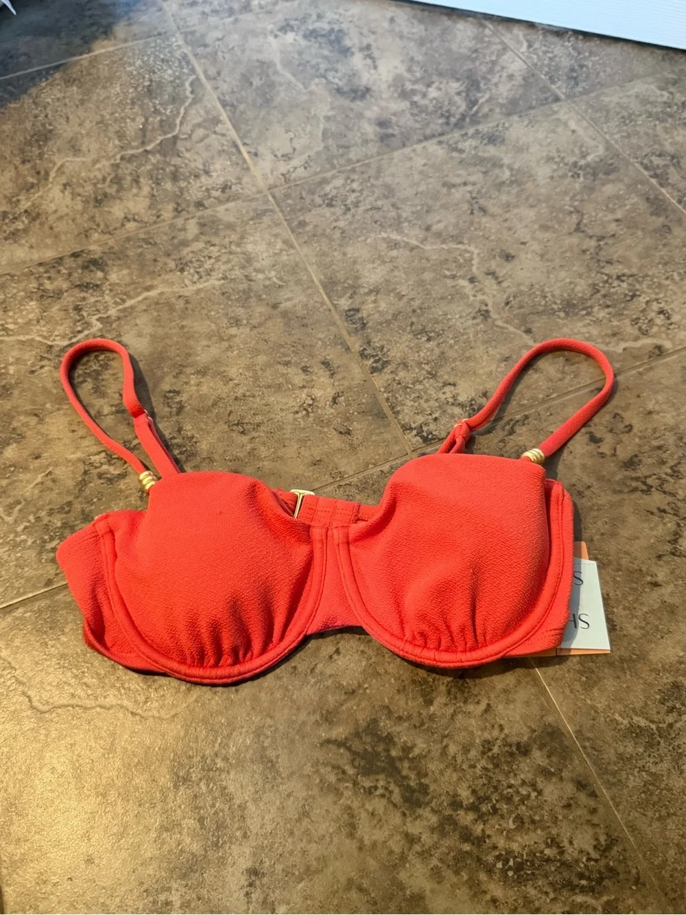 🫜Orangeish Red Bikini Top with gold beads